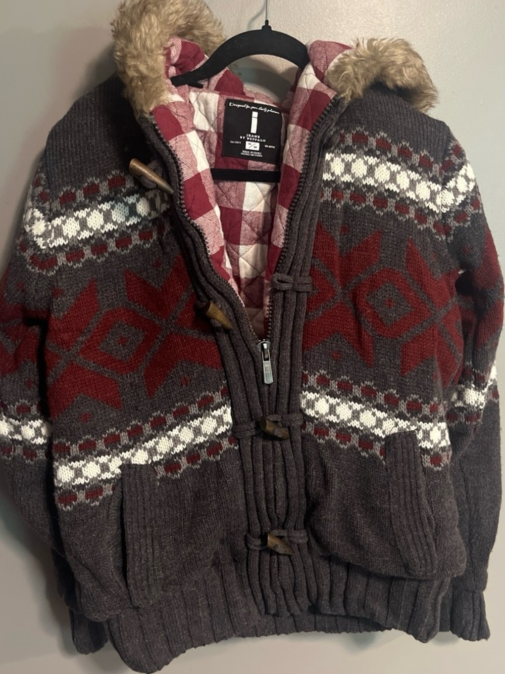 Buffalo David Bitton Gray & Red Nordic Ski-Style Jacket with Faux Fur Hood